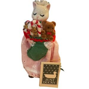 Just Ducky Christmas Girl Ceramic Cat Figurine by Sue Teddy Bear Stocking 1983